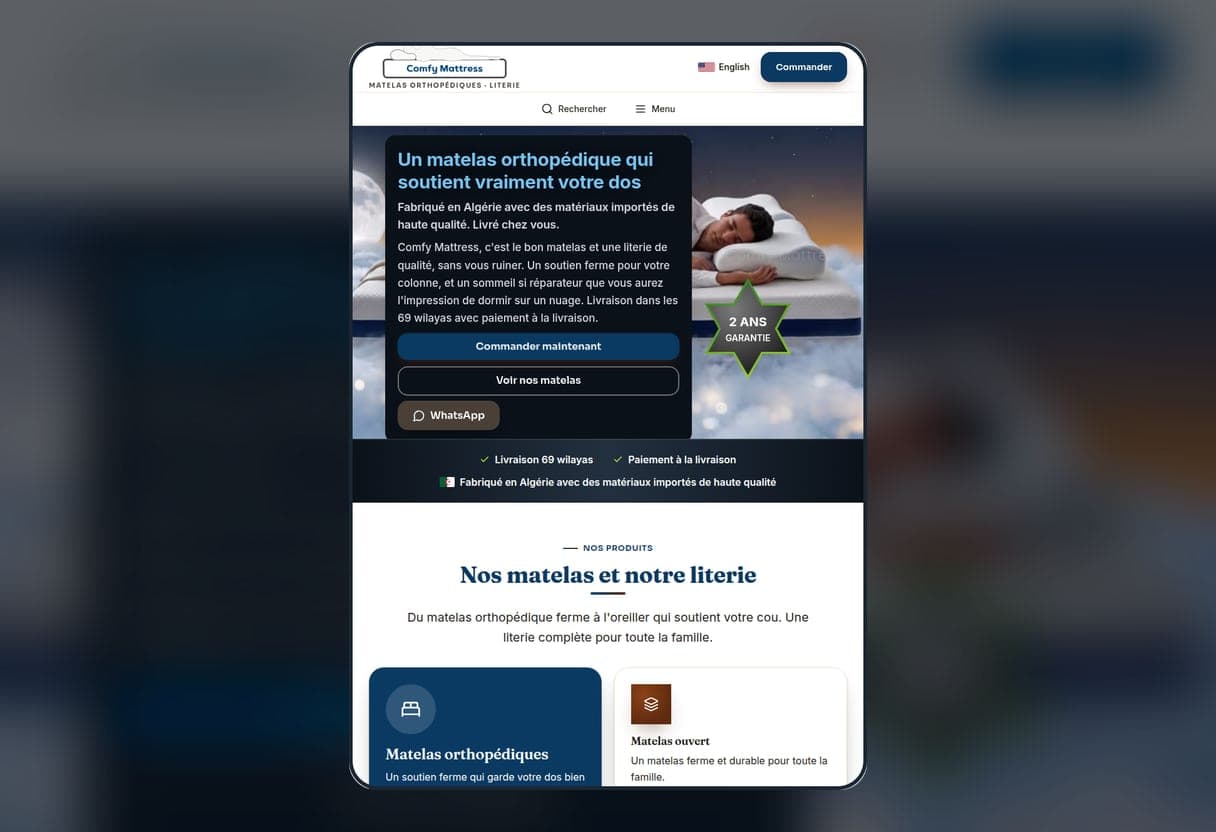 Le vrai site de Comfy Mattress affiché sur mobile, capture d'écran réelle du site - the real Comfy Mattress website shown on mobile, a genuine screenshot of the live site - SimplerWebs