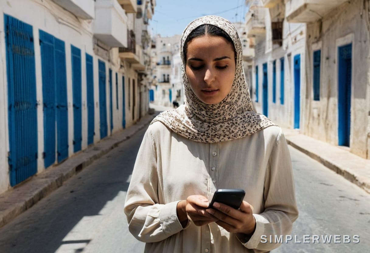 Une page qui ne s'affiche pas: le client part Femme algérienne dans une rue d'Alger, agacée devant son téléphone où une page web n'en finit pas de charger
