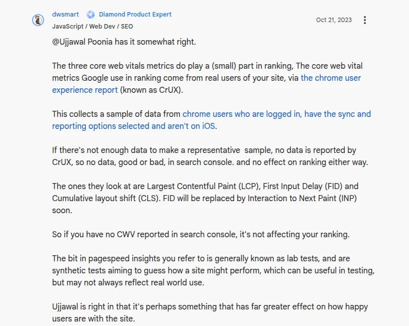 Réponse d'un Diamond Product Expert sur le forum Google Search Central: les Core Web Vitals jouent un petit rôle dans le classement