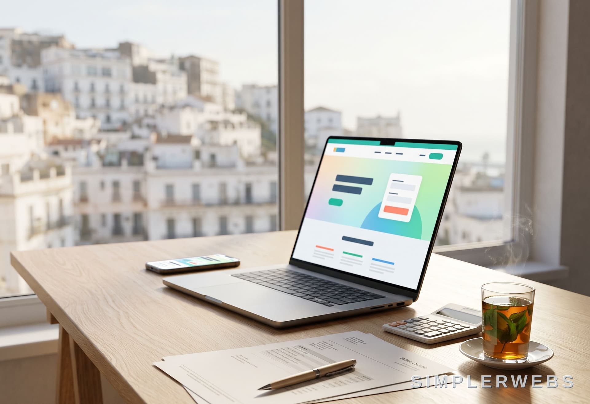 Website design and SEO prices in Algeria Laptop showing a website, a phone, a price quote, a calculator and mint tea on a desk facing the white buildings of Algiers - SimplerWebs