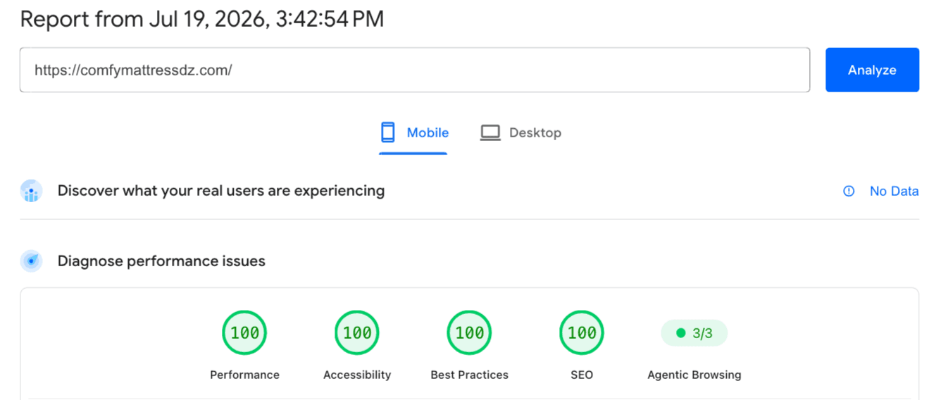 Google PageSpeed Insights report for comfymattressdz.com (mobile): 100 in performance, accessibility, best practices and SEO, plus 3/3 on Agentic Browsing.