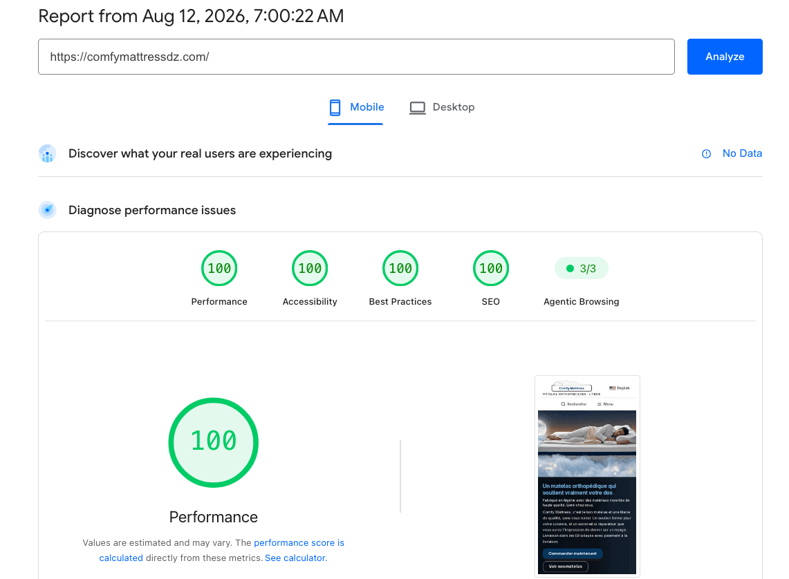Google PageSpeed Insights report for comfymattressdz.com: 100 in performance, accessibility, best practices and SEO, plus 3/3 on Agentic Browsing.