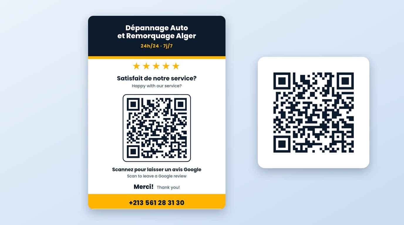 Carte avis Google avec code QR créée pour Dépannage auto et remorquage Alger, et le code QR seul pour le camion - SimplerWebs