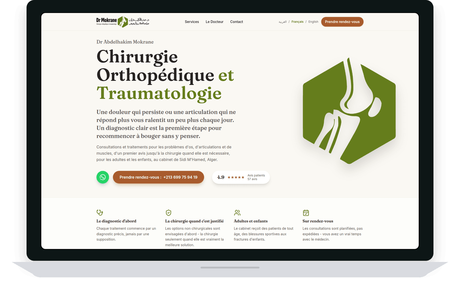 Le site Dr Mokrane Orthopédie (Chirurgie orthopédique et traumatologie) conçu par SimplerWebs, sur un ordinateur portable