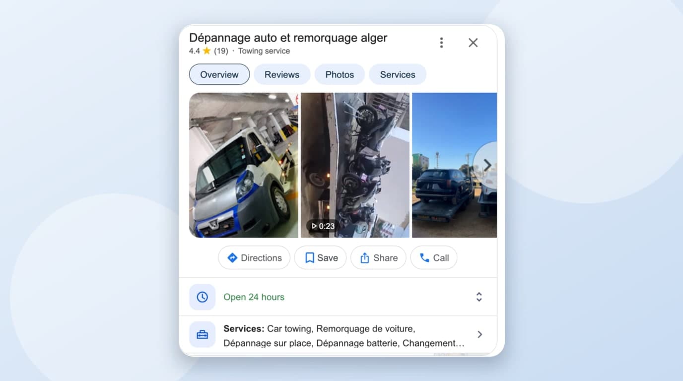 La fiche Google de Dépannage auto et remorquage Alger sur Google Maps: note 4,4, ouvert 24h/24, services et photos des dépanneuses - SimplerWebs