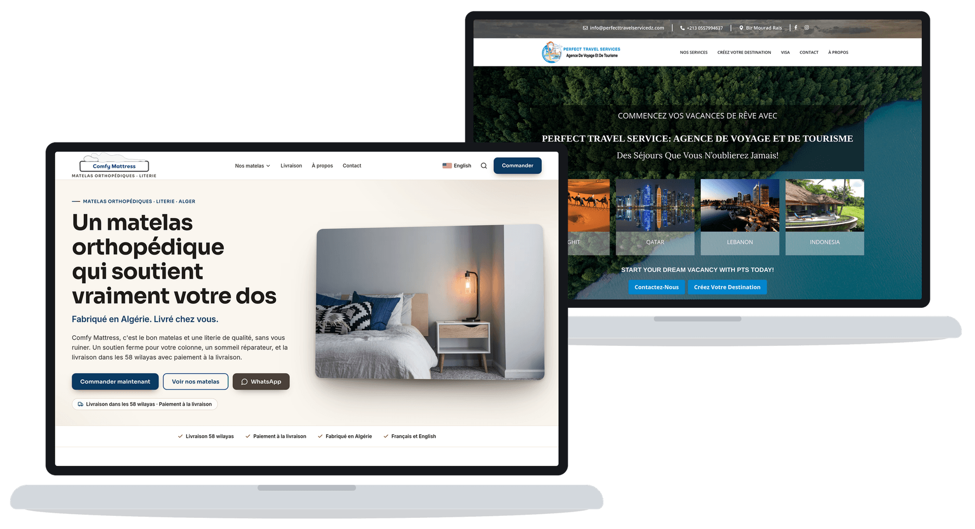 Two websites built by SimplerWebs, shown on laptops: Comfy Mattress and Perfect Travel Service