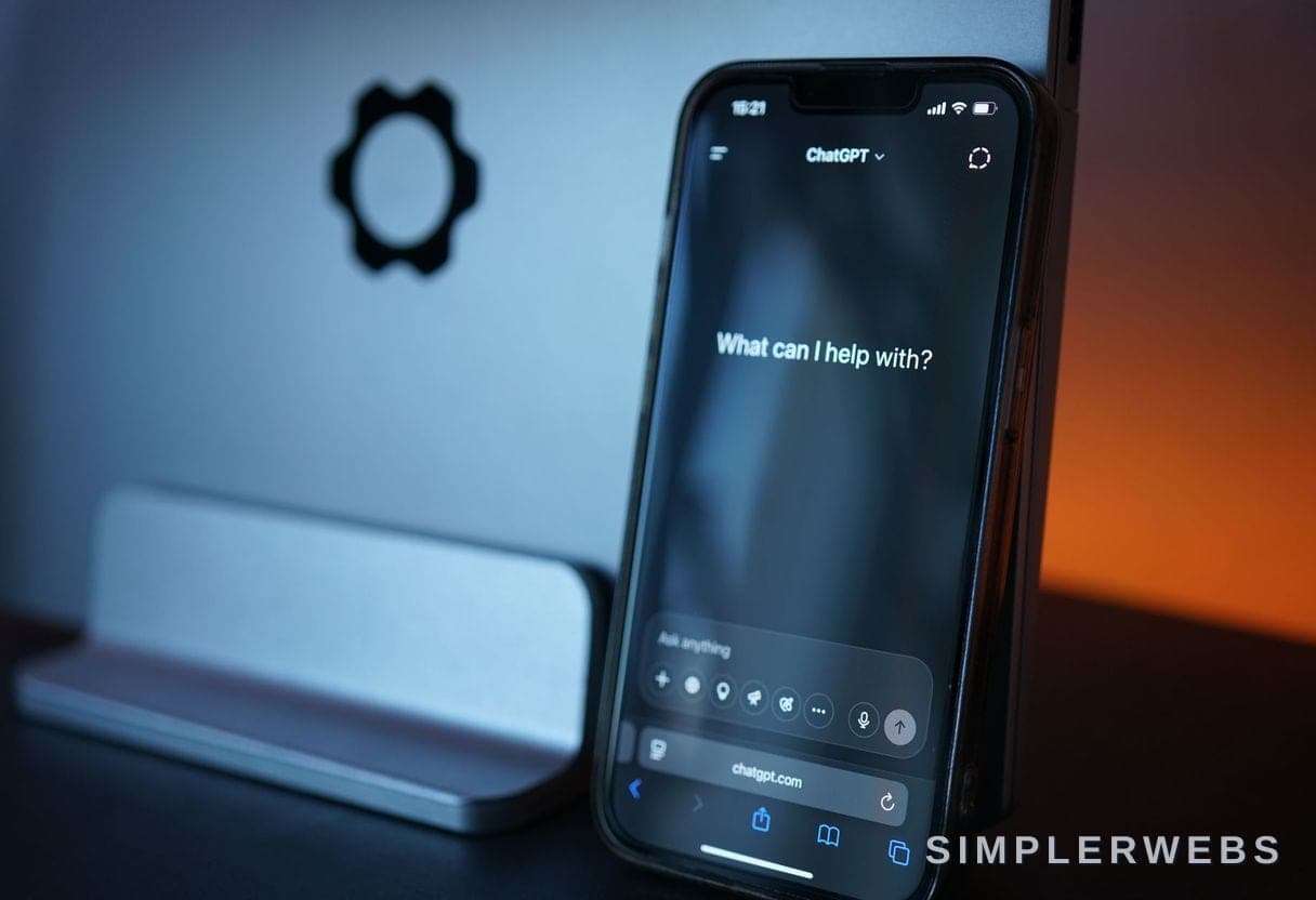 Soyez le nom que l'IA cite Une femme pose une question à un assistant IA sur son téléphone - SimplerWebs