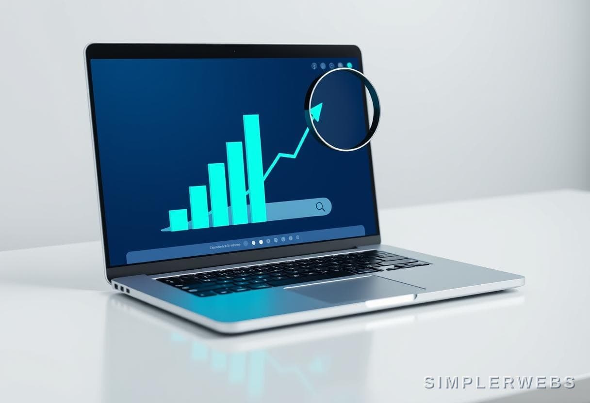 Combien coûte le référencement SEO en Algérie Ordinateur portable avec un graphique de croissance et une loupe, pour le prix du référencement SEO en Algérie - SimplerWebs