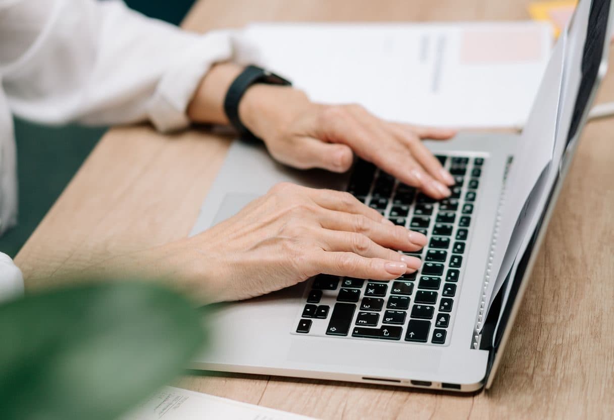 Replying to a review takes minutes, not hours Hands typing on a laptop keyboard, at a wooden desk with papers nearby