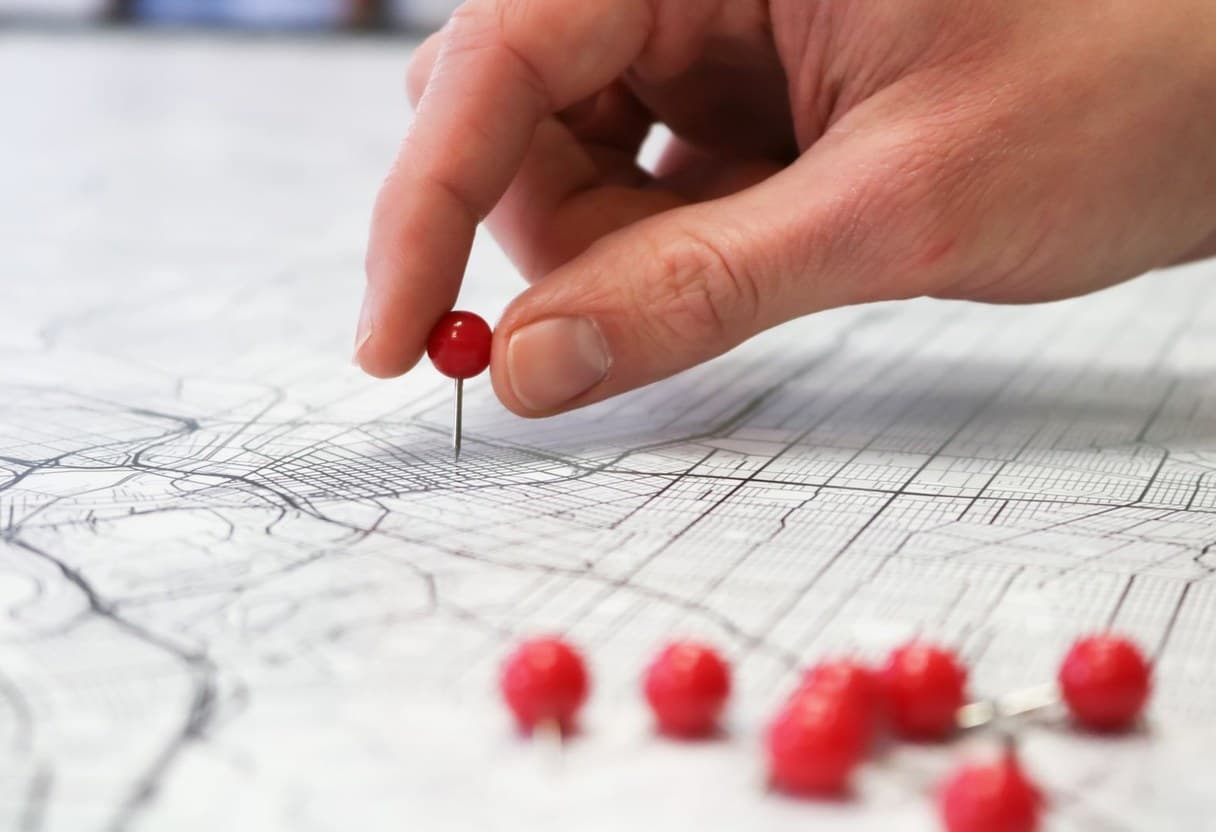 Hyperlocal SEO targets one exact point, not a whole city A hand places a red pin on a detailed street map, symbolizing a hyperlocal search - SimplerWebs