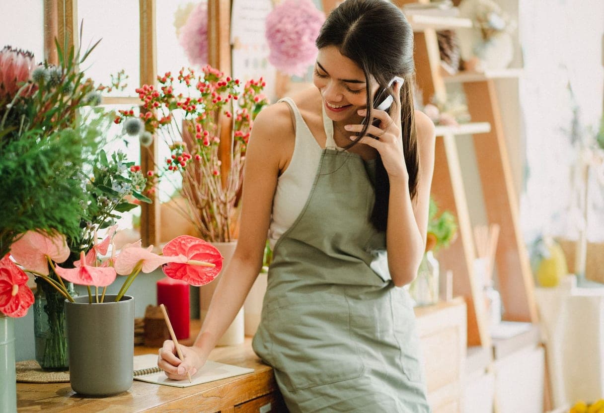 Une commerçante heureuse répond à un client au téléphone: un site web professionnel qui transforme les visiteurs en clients - SimplerWebs