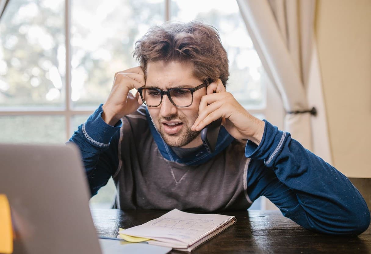 Un site piraté arrive toujours au pire moment Un homme inquiet au téléphone regarde son ordinateur portable, l'air préoccupé - SimplerWebs