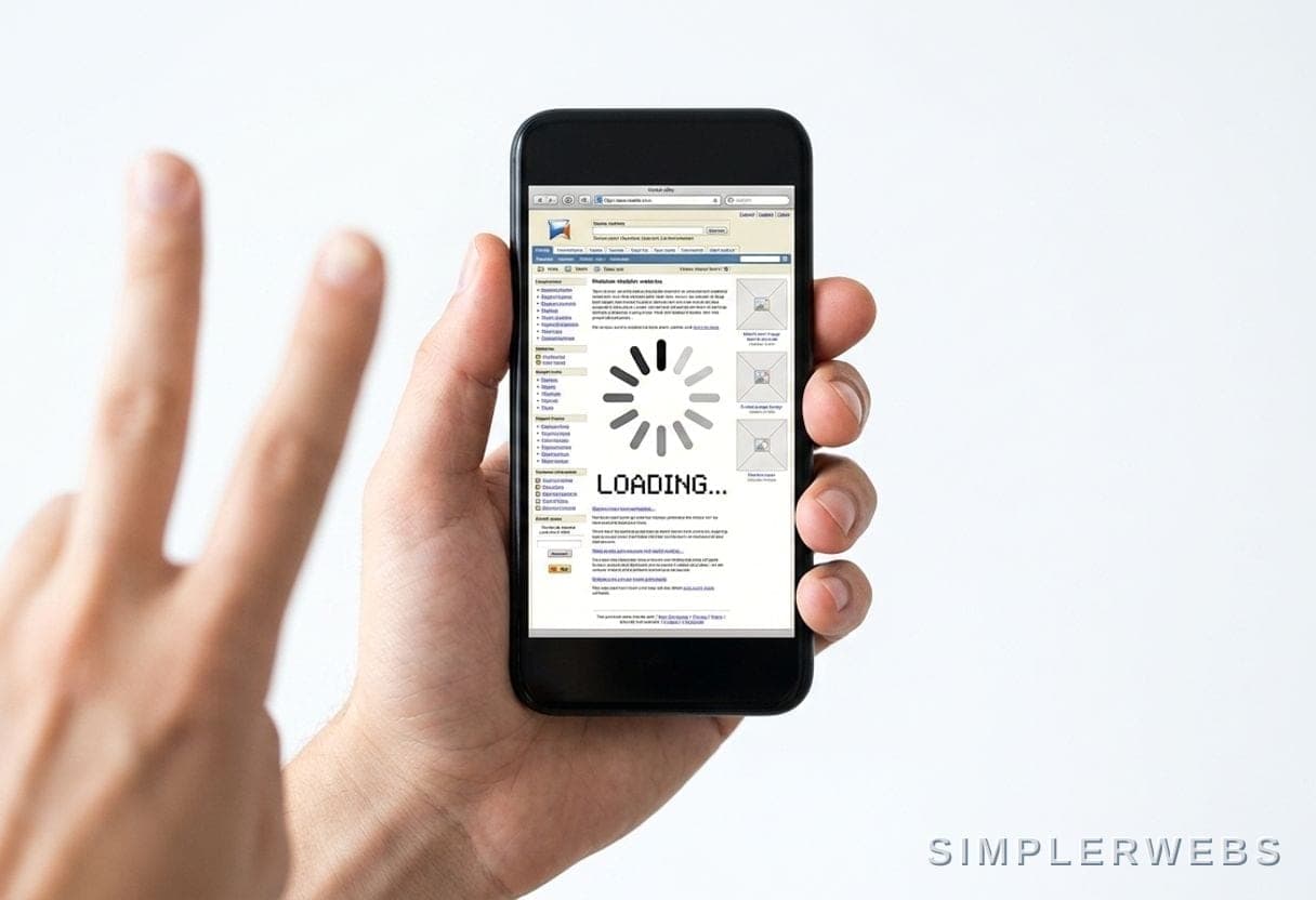 Un site lent et dépassé fait fuir vos clients Un site web lent et dépassé qui reste bloqué sur le chargement, tenu sur un téléphone - SimplerWebs